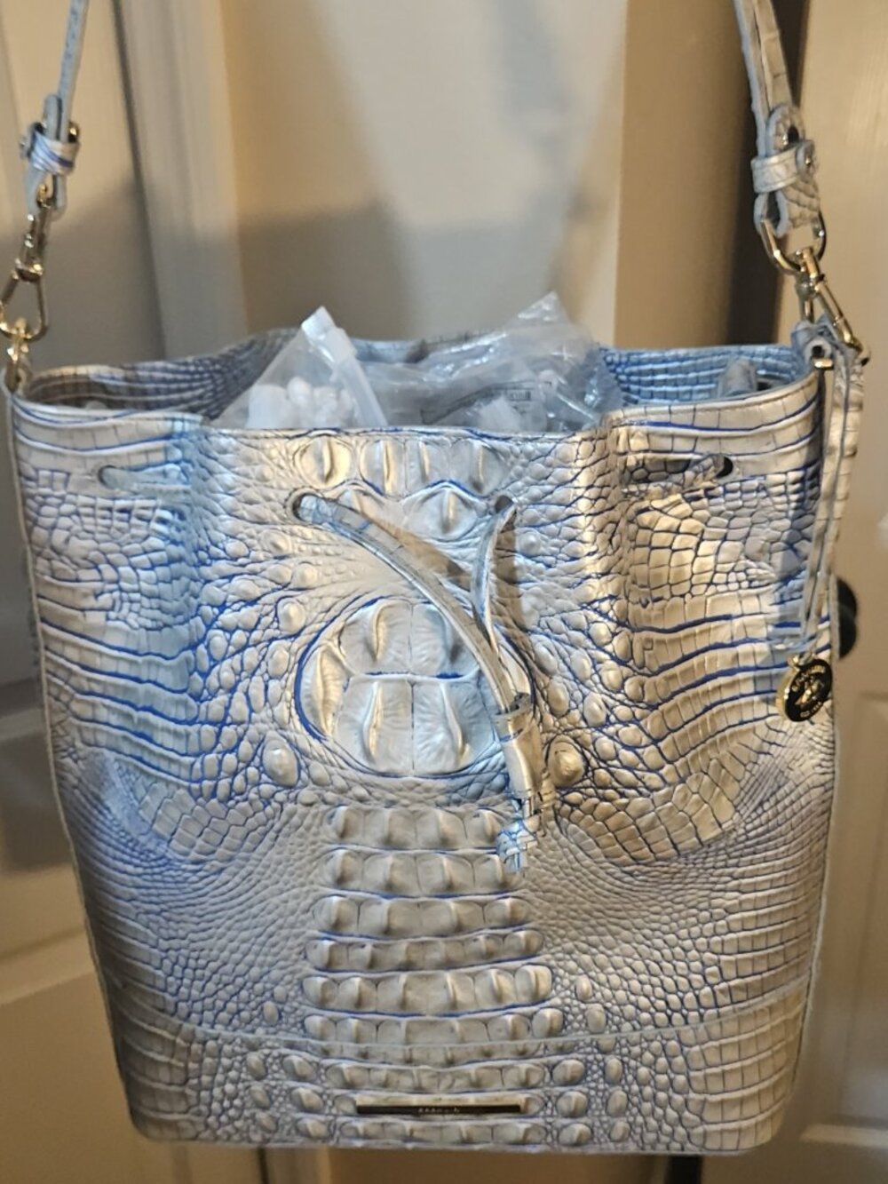 Brahmin Croc-Embossed Silver & Blue Leather Drawstring Bucket Bag